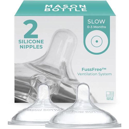 Mason Bottle Slow Flow Nipples (0–3 Months) – Silicone Baby Bottle Nipples, Fits Any Regular-Mouth Mason Jars – Wide Natural Shape, BPA-Free, Non-Toxic, Made in USA (2-Pack)