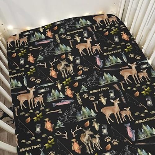Fishing Hunting Life Baby Crib Sheets for Boy Girl 52x28Inch Deer Bass Fish Animal Soft Stretchy Fitted Crib Mattress Cover Nature Lover Gift Baby Sheet for Crib and Toddler Bed Mattresses