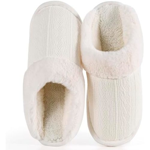 Women's Cozy Knit Slippers with Faux Fur Lining Memory Foam - Non-Slip Rubber Sole Indoor/Outdoor Winter House Shoes for Warmth and Comfort