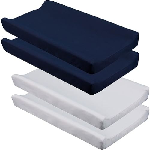 CaSaJa Diaper Changing Pad Cover for Baby Boys Set of 4, Snug Fit 4-Sided Contoured Changing Table Pad 16x31 16x32, Fitted Change Pad Sheet Gray and Navy, 100% Silky Soft Breathable Microfiber