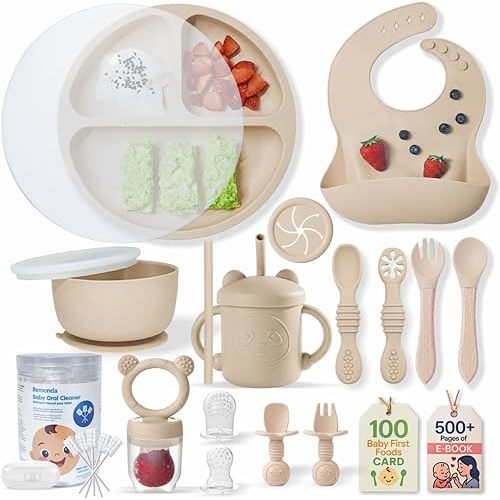 Remonda 23-Piece BPA-Free Silicone Baby Feeding Set | Extra Large Suction Plates, Toddler Bowls, Self Feeding Spoons, and More | Dishwasher Safe| Baby Led Weaning Supplies (Beige) A1