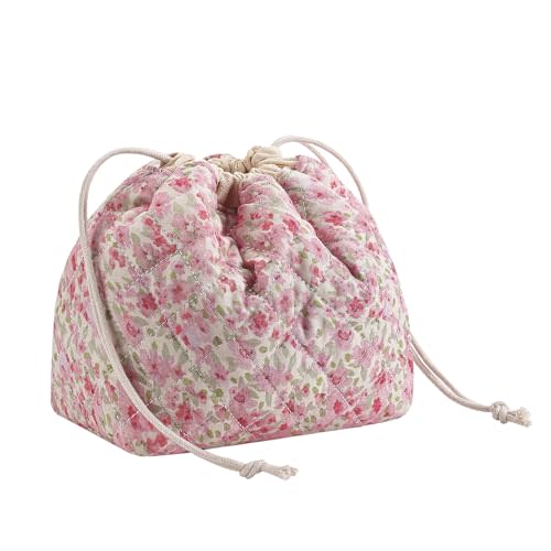 Cotton Quilted Drawstring Makeup Bag with Canvas Lining,Coquette Aesthetic Cute Travel Toiletry Bag,Drawstring Gift Bag for Women and Girls(18 Watercolor Pink Flower)