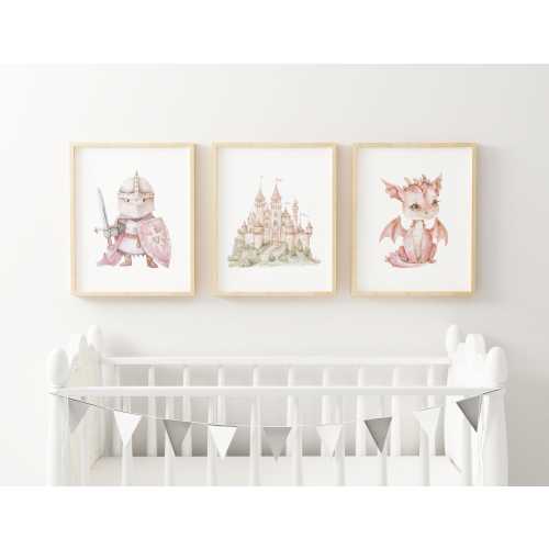 Fairytale Nursery Wall Art Set Pink Castle Print Dragon Nursery Art Knight Prints Watercolor Kids Room Decor Whimsical Playroom Art PDR1-A3