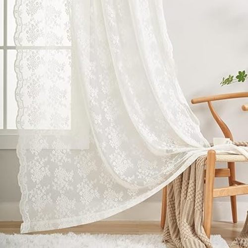 YJ YANJUN Vintage Lace Curtains 90 Inches Long for Dining Room Pair French Country Floral Sheer Curtains for Bedroom Playroom Ivory Cream Colored Boho Farmhouse Decoration 52 x 90 Off White