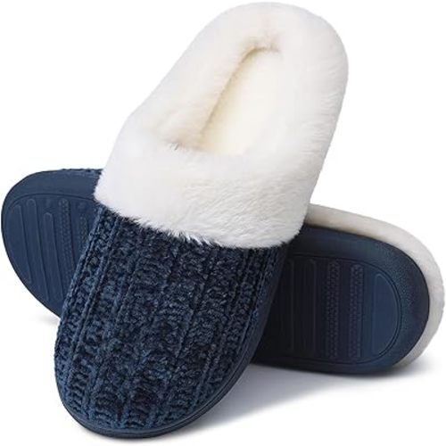 shoeslocker Women's Memory Foam Fuzzy Slippers Knit house shoe for Women Comfy Wool-Like Lined Slippers Indoor Outdoor