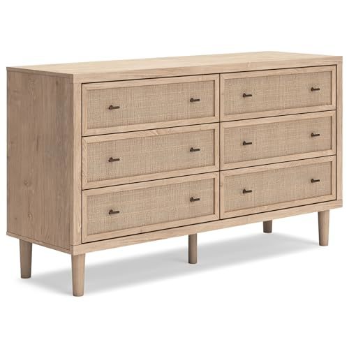 Signature Design by Ashley Cielden Coastal 6-Drawer Dresser, Bronze-Tone Knobs, Safety Stop, Textured Cane Details, 62.01" W x 19.65" D x 35.67" H, Light Brown