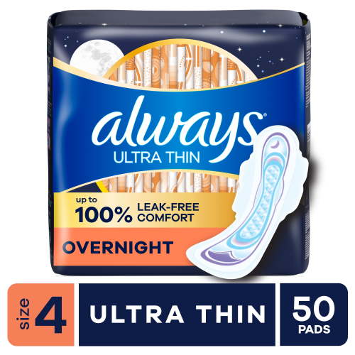 Always Ultra Thin Overnight Pads with Wings, Size 4, Overnight, 50 Count HSA/FSA Eligible