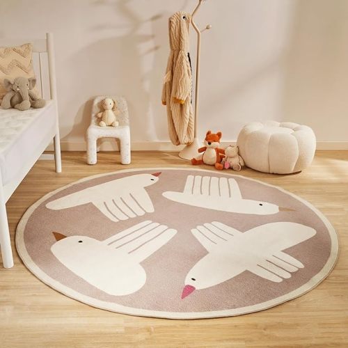 SLEEP ZONE Kids Rugs for Playroom, Area Rugs for Bedroom, Washable Nursery Carpet, Extra Flying Bird Large Soft Crawling Play Mat for Children Toddlers Bedroom(6 Round)
