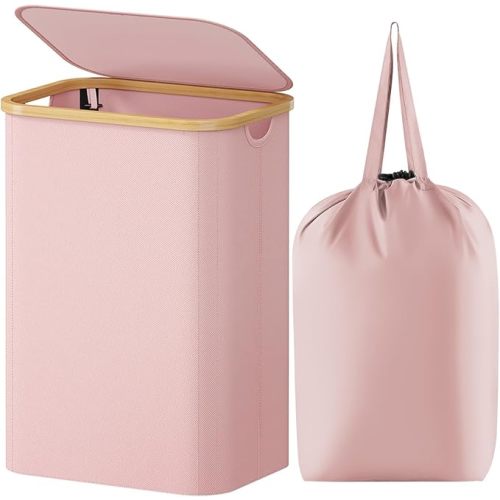 Lifewit 80L Laundry Basket with Lid, Clothes Hampers for Laundry with Bamboo Handles and A Removable Bag, Large Foldable Laundry Hamper for Bedroom, Bathroom, Dorm, Laundry Room, Pink