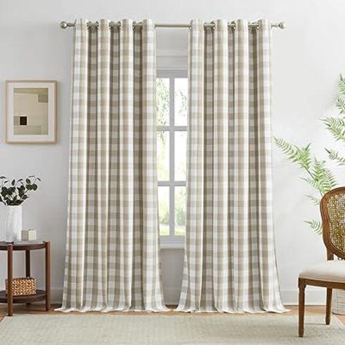 Amzdecor Buffalo Plaid Check Full Blackout Curtains Woven Checkered GEO Thermal Insulated Energy Efficient Drapes Grommet 2 Layers Window Treatment for Bedroom Living Room,2 Panels,52"x95",Beige/White