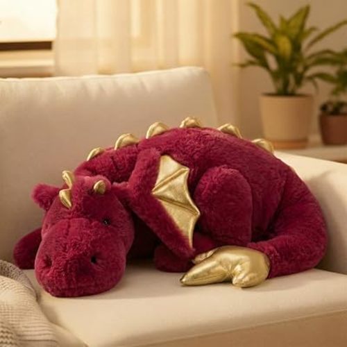 ARELUX Large 36in Cute Dragon Stuffed Animals Plush Toy Soft Wine Red Pterosaur Plushie Giant Fuzzy Dinosaur Pillow Plushies with Pink Wings Cuddly for Friends Family Member
