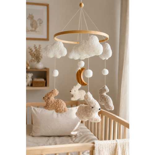 Neutral Bunny Crib Mobile, Nursery Decor with Clouds & Moon, Handmade Baby Room Hanging, Baby Shower Gift