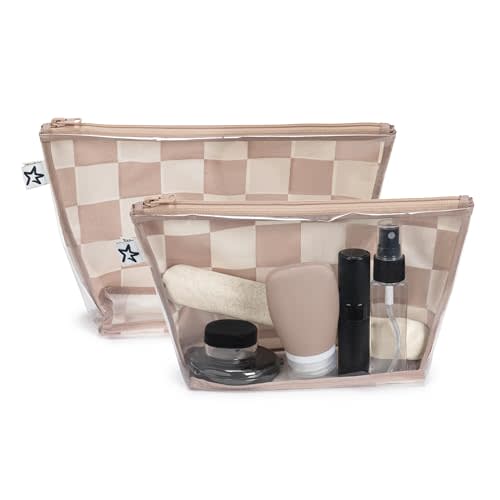 Tiny Twinkle Diaper Bag Organizing Pouches | 2 Pack Mess-Proof Travel Organizer Bags with Structured Bottom & Clear Front | TSA Approved Toiletry Bag Set for Baby and Mom Essentials (Beige Checkers)