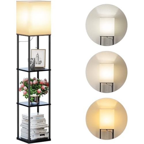 SUNMORY Floor Lamp with Shelves, Modern Square Standing Lamp with 3 Color Temperature Bulb, Corner Display Bookshelf Lamp for Living Room and Bedroom(Black)