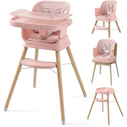 Mallify 6-in-1 Baby High Chair, Booster Seat for Dining Table, Convertible High Chair for Babies and Toddlers, Easy Clean Infant Highchair with Removable Double Tray & 5-Point Harness, Pink