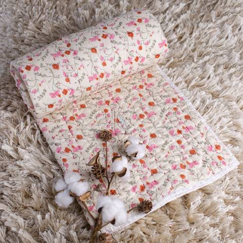 Floral Baby Quilt: Hand-Stitched Kantha Block Print Muslin Blanket