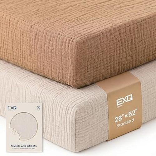 EXQ Home Muslin Crib Sheets 2 PCS, 100% Cotton Fitted Sheet for Standard Crib Mattress, Soft and Breathable for Boys, Girls, 52"x 28" Light Brown