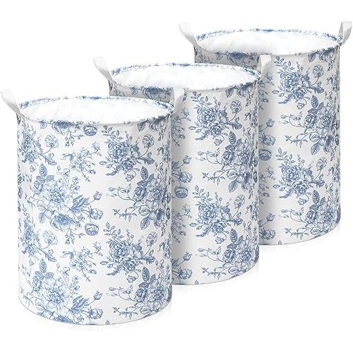 3 Pcs Blue Flower Foldable Laundry Basket Large Collapsible Storage Hamper with Handle Canvas Clothes Bin Storage Basket for Bathroom, Nursery, Dorm