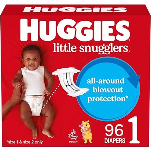 Huggies Size 1 Diapers, Little Snugglers Baby Diapers, Size 1 (8-14 lbs), 96 Count, Packaging May Vary