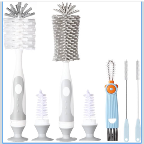 5-in-1 Baby Bottle Cleaner Set, Including Nylon & Silicone Bottle Brush, Cap, Straw & Nipple Brushes, BPA-Free (Grey)