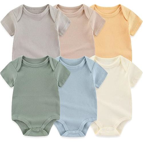 Baby Bodysuit 6 Pack Soft Mixed Ribbed Short Sleeve Romper Infant Boy Girl Clothes Set