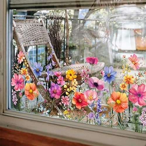 2 Sets Flower Window Clings, Colorful Floral Bouquet Window Sticker, Wildflower Grass Windows Decals, Lily Peony Poppy Floral Stickers for Bedroom Living Room TV Office Decor Home Decoration