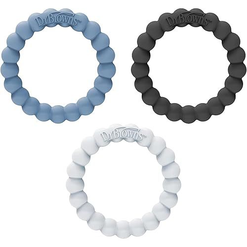 Dr. Brown’s Flexees Beaded Teether Rings, 100% Silicone, Soft & Easy to Hold, Encourages Self-Soothe, 3 Pack, Blue, Light Blue, Black, BPA Free, 3m+