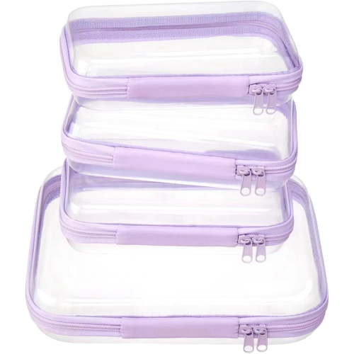 4 Pack Clear Zipper Pouches, Lavender Hard Shell Travel Toiletry & Cosmetic Organizer Bags, Diaper Bag Pouch, Toy Storage Cases, 1 Medium + 3 Small,Lavender