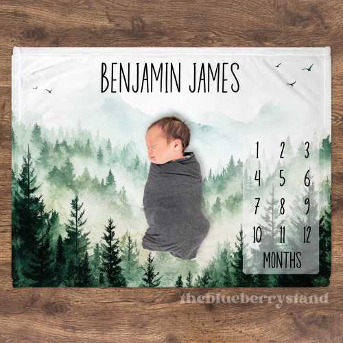 Personalized Mountains Baby Milestone Blanket, Baby Boy Forest Shower Gift