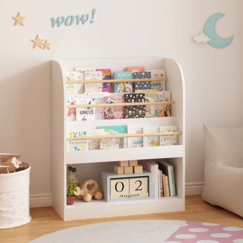 Noble House Multi-Tier Kids Bookshelf, Front-Facing Children's Bookcase with Bottom Storage Compartment, White