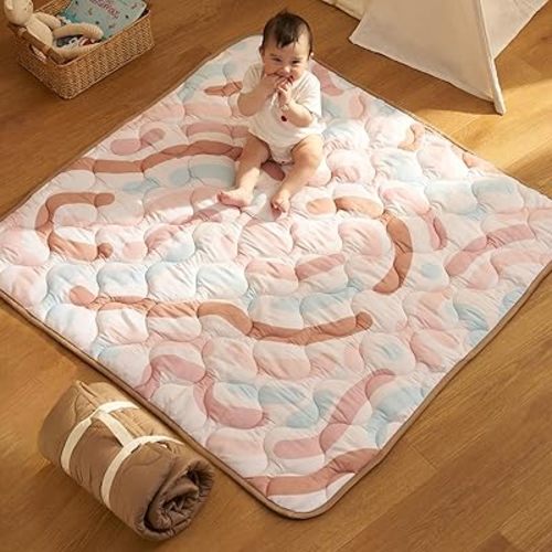 Momcozy Baby Play Mat for Floor, 50x50 Thickened Playpen Mat, Playmate for Baby Tummy Time, Waterproof & Non-Slip, Foldable Outdoor Mat with Carrying Handle, Crayon