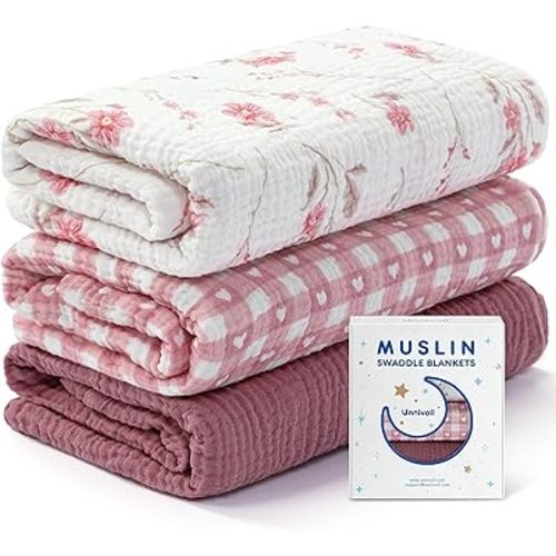 Unnivoll Muslin Swaddle Blankets for Newborns, 100% Cotton Receiving Blankets, Large 38 x 40 inches Baby Swaddle Blanket for Baby Boys and Girls, Soft Breathable Infant Baby Essentials 3 Pack Pink