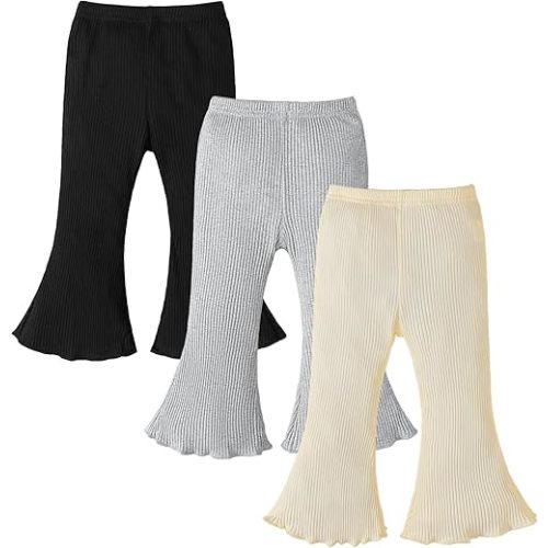 3 Pack Baby Girl Pants: Infant Solid Ribbed Flare Pants Cotton Pull On Bottoms Leggings for Toddler 0-24 Months