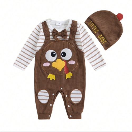 Baby Thanksgiving Romper Outfits Turkey/Fox Embroidery Stripe Print Long Sleeve Fake Two Pieces Jumpsuit With Hat Set