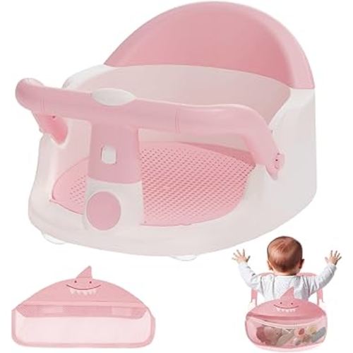 Baby Bath Seat - for Babies 6 Months & Up Sitting Up with Storage Bag + Mesh seat Cushion, Non-Slip Toddler Bath Seat for Baby, Sit Up Bath Seat for Baby, Pink