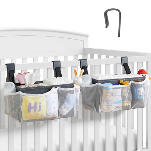 2-Pack Hanging Diaper Organizer for Crib, Playpen, Bassinet | Hold 50+ Diapers, Baby Diaper Caddy for Changing Table, Washable Newborn Essentials Organizer with Hook Straps, Ideal Baby Shower Gifts