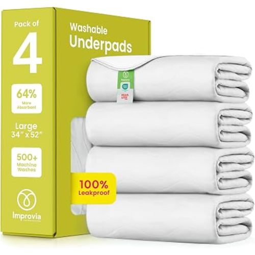 IMPROVIA® Washable Underpads, Heavy Absorbency Reusable Incontinence Pads for Kids, Adults, Elderly, and Pets, Waterproof Protection Floor (White, 34"x52" (Pack of 4))