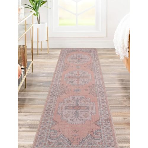 Srugn Washable Rugs 9x12 Area Rugs for Living Room,Rugs for Bedroom,Large Carpets,Ultra Soft Faux Wool Retro Dining Room Rug,Non Slip&Non-Shedding Low Pile Vintage Print Rug for Home Office-Pink White