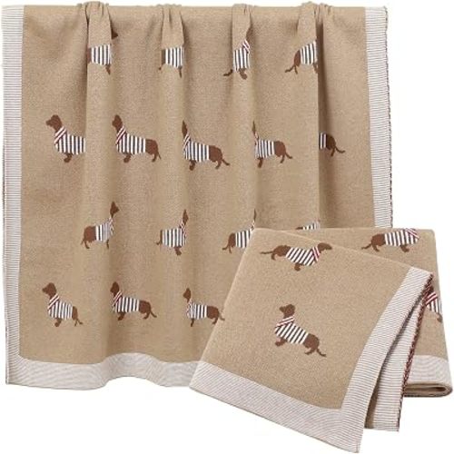 Baby Blanket Knitted 100% Cotton Soft Blankets for Newborn Boy Girls Cute Dog Dachshund 30x40 inches Ligth Coffee