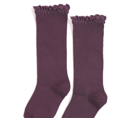 Lace Top Knee High Socks - Plum