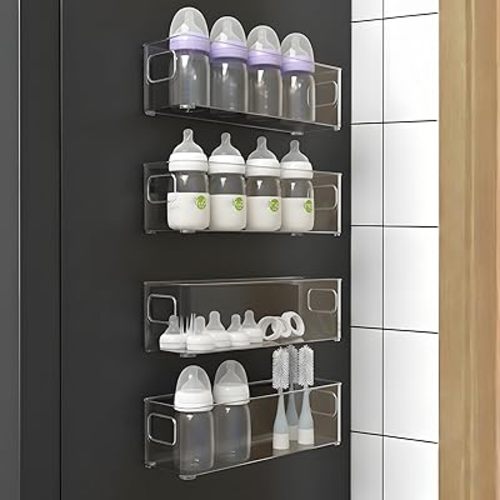 MGY 4Pack Clear Magnetic Baby Bottle Organizer, Space-Saving Stackable Storage Container for Baby Bottles,Bottle Organizer