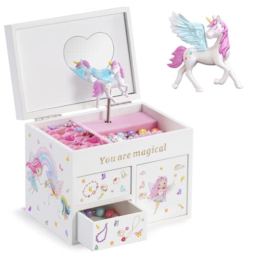 Lolalet Wooden Jewelry Box with Unicorn for Girls, Musical Children's Jewelry Organizer, Gift for Toddler Age 2 3 4 5 6 7 8 9 on Birthday -White