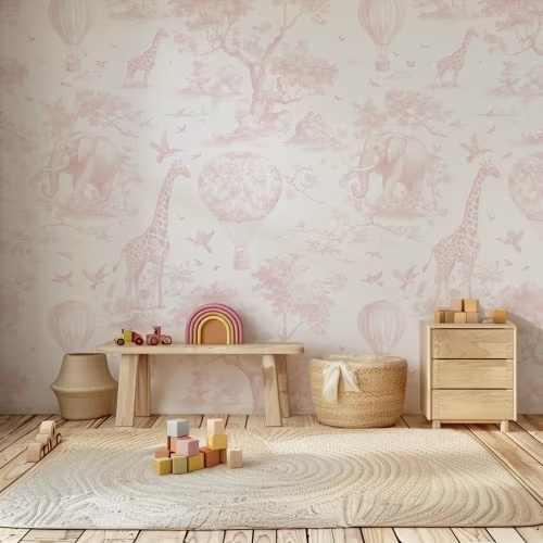 Blush Pink Safari Toile Wallpaper: Peel and Stick Nursery Wall Mural