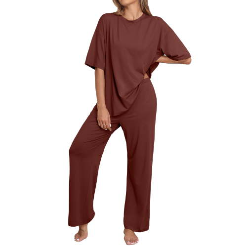 MINTREUS Lounge Sets for Women Knit Short Sleeve Tops and Long Pants Soft Comfy Pajamas Set Oversized 2 Piece Outfits S-2X