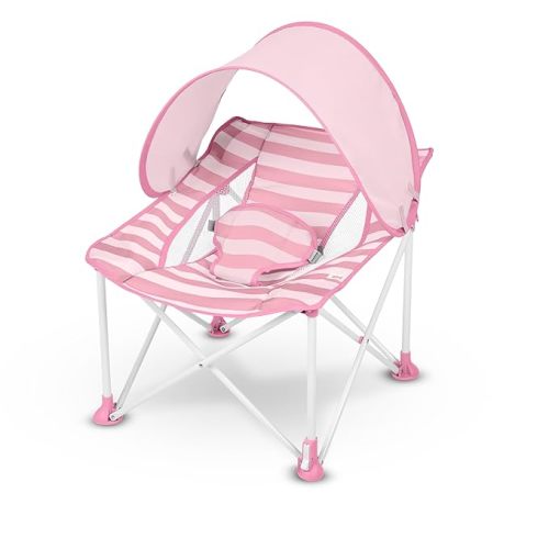 Bright Starts Pop ’N Chill Travel Seat, Indoor/Outdoor Use, Portable Infant Seat with Removable UPF 50+ Canopy, Pink, 0-6 Months