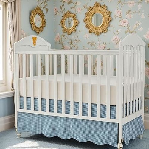 Brandream Scallop Edge Cotton Crib Skirt Toddler Bedskirt Baby Nursery Crib Bed Skirt Boho Bohemian Neutral Solid Color Farmhouse Chic Vintage Blue Gingham Bohemian Nursery Decor Skirt