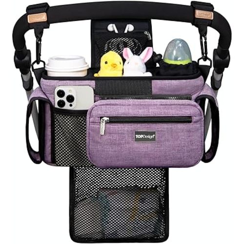 TOPDesign Universal Baby Stroller Organizer, Stroller Caddy with Detachable Mesh Bag & Heightened Insulated Cup Holders & Non-Slip Secure Hooks Accessories, Fits Most Strollers (Purple)