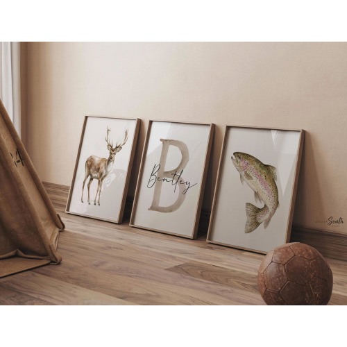 Buck Deer & Rainbow Trout Wall Art Set of 3, Personalized Name Initial Prints, Hunting Fishing Boy Nursery Decor Gift