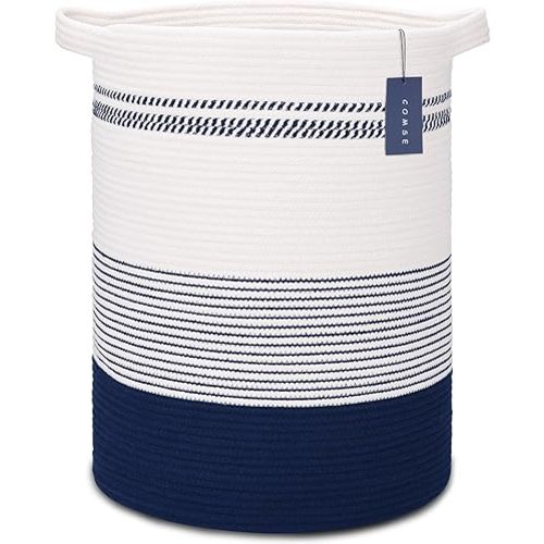 COMSE Extra Large Blanket Basket, Tall Laundry Basket, Nursery Hamper, 15.7”x 21.7”, Cotton Rope Woven Laundry Hamper for Storage Toys Clothes Towels, Navy Blue & White