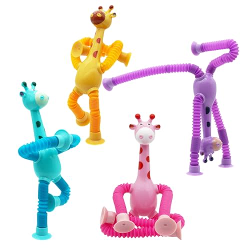 SUKIPIN Pop Tube Giraffe, 4 Pack Telescopic Suction Cup Giraffe Toy, Stretchy Giraffe Suction Toy, Pop Tube Fidget Toys (4 Pack)
